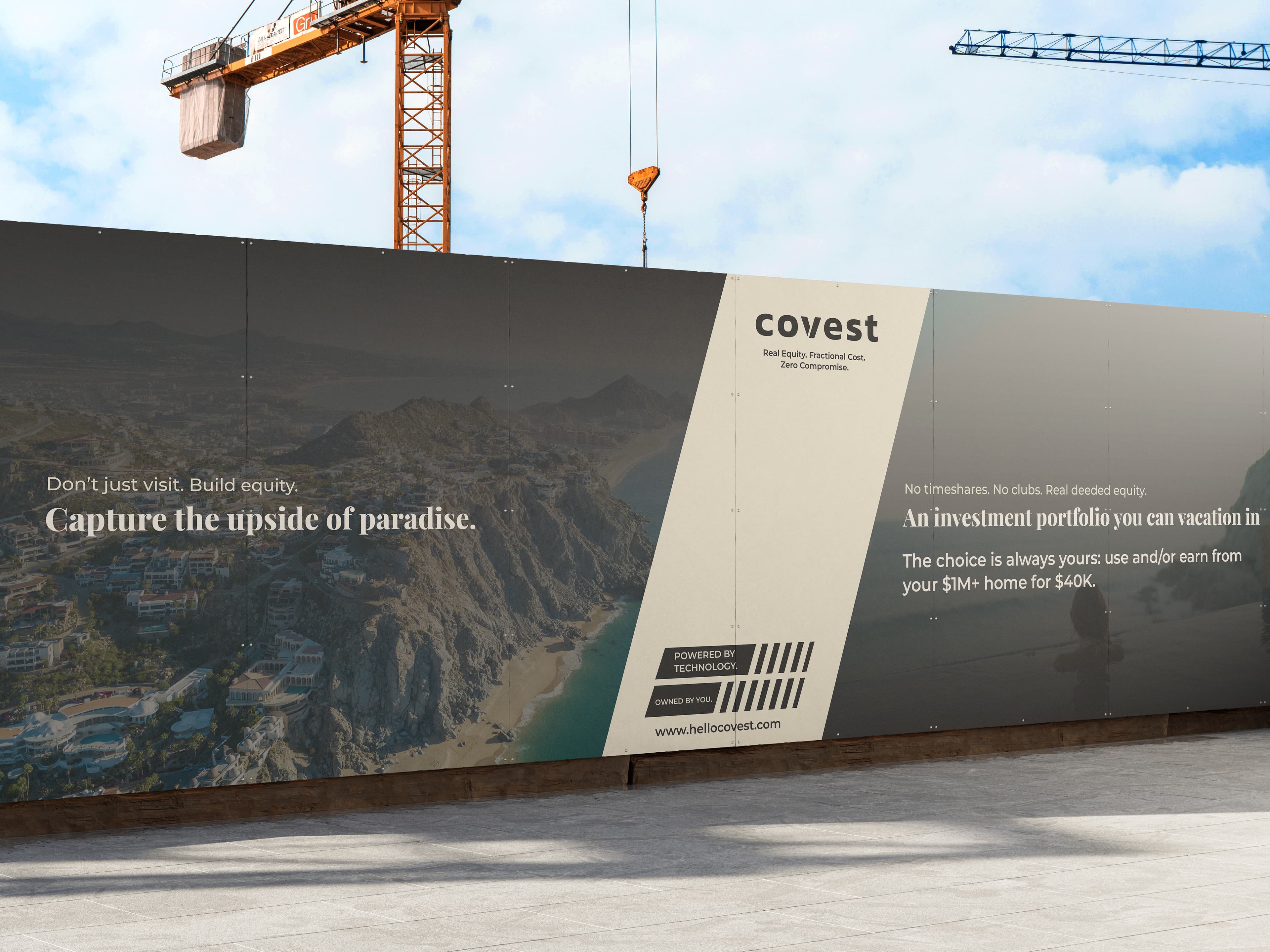 Covest billboard at a construction site in Los Cabos — fractional real estate ownership in Mexico