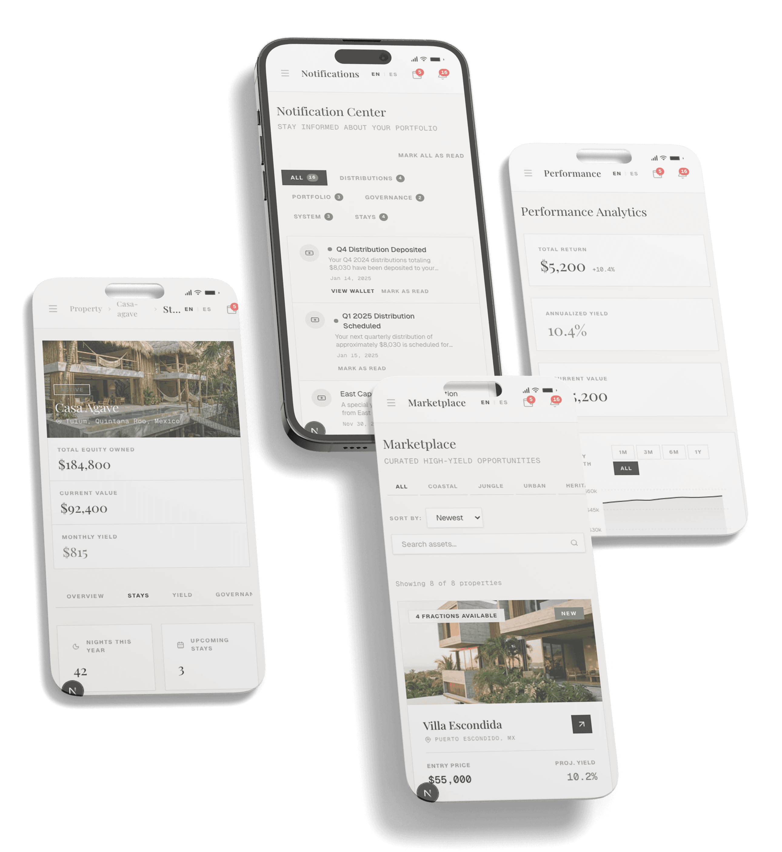 Covest app on four iPhones showing notification center, performance analytics, property details, and marketplace